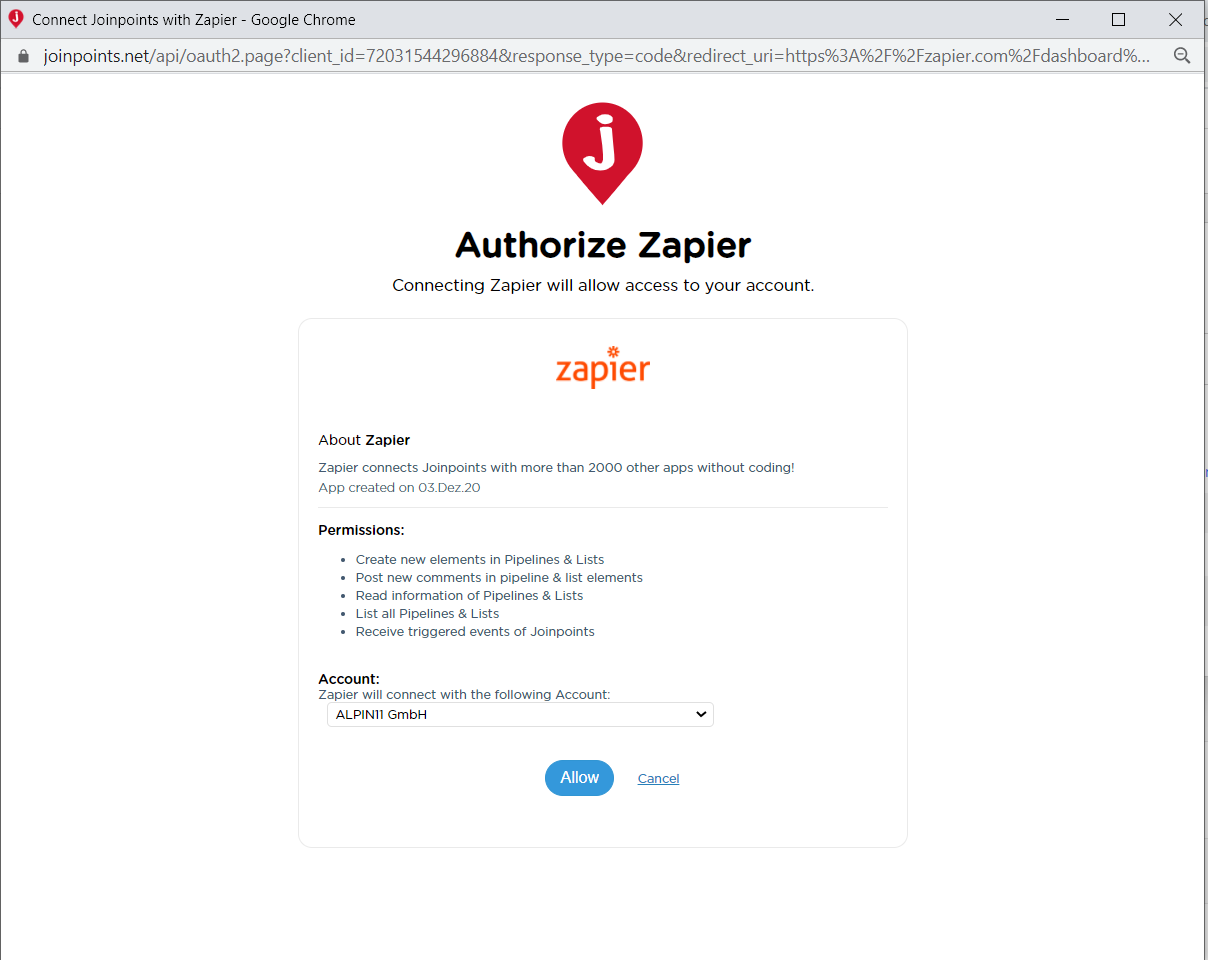 Zapier OAuth bei Joinpoints